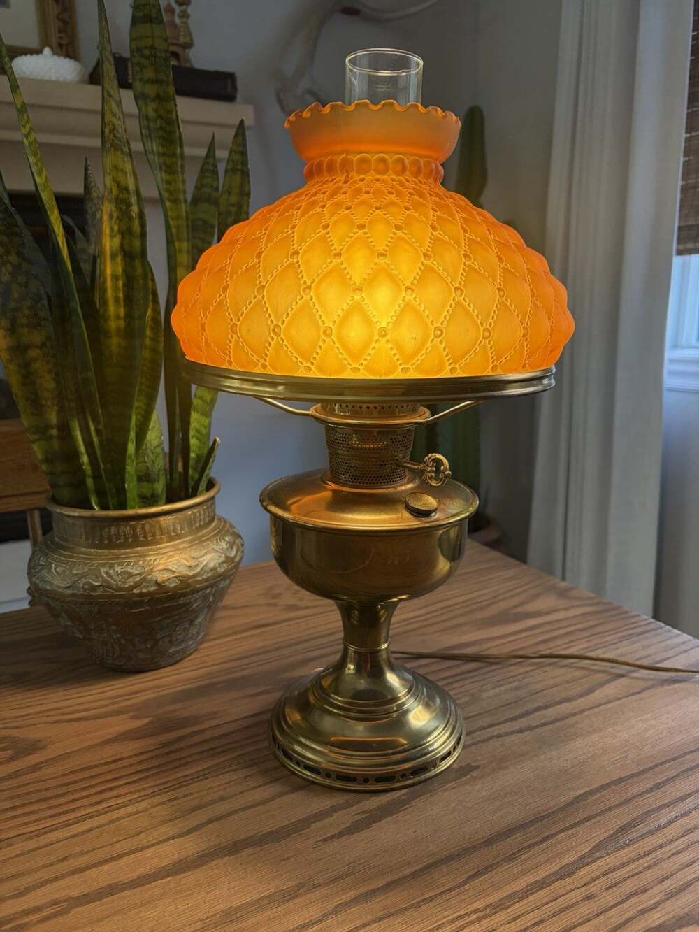 Vintage Brass Electrified Oil Lamp With 10” Amber Quilted Shade 20” Tall